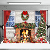 Aperturee - Aperturee Bricks Fireplace Window Curtain Christmas Backdrop